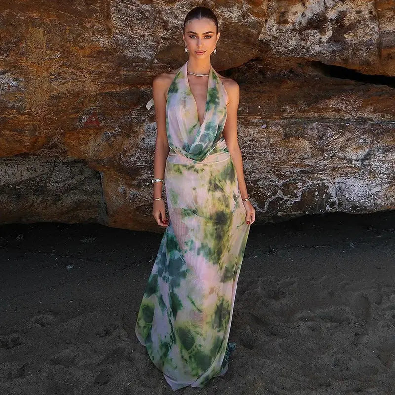 2pcs Tie Dye Printing Deep V-neck Suits Fashion Halter Backless Long Dresses For Beach Party Womens Clothing Collumbiana