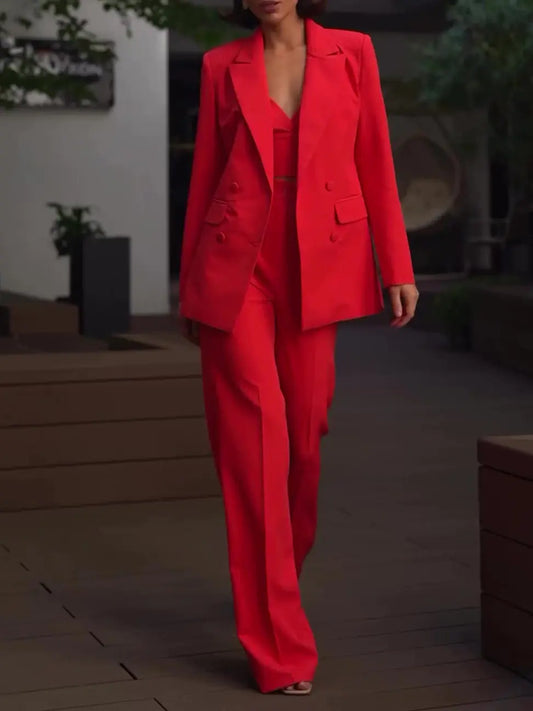 Classic Solid Color Suit & Camisole & High-waisted Pants Three-piece Set Collumbiana