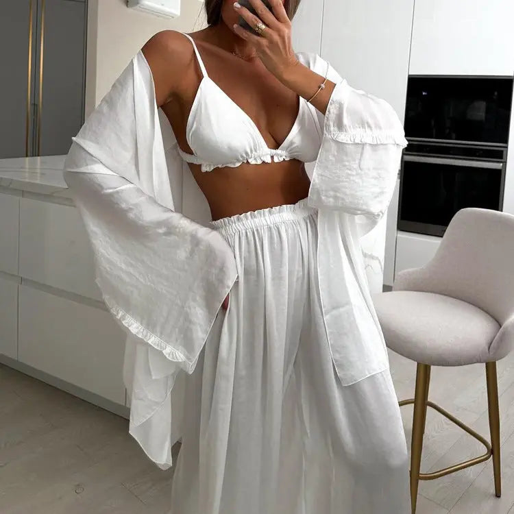 Ruffled Spaghetti Straps Vest Long Sleeve Cardigan Top Loose Wide Leg Pants Three-piece Set Collumbiana