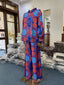 Casual Blue Printed Lace Up Wide Leg Pants Suit Collumbiana