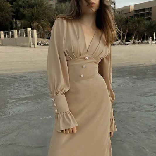 Fashion Design V-neck Dress Simple Slim Fit A- Line Dress Female French Chiffon Midi Dress Collumbiana