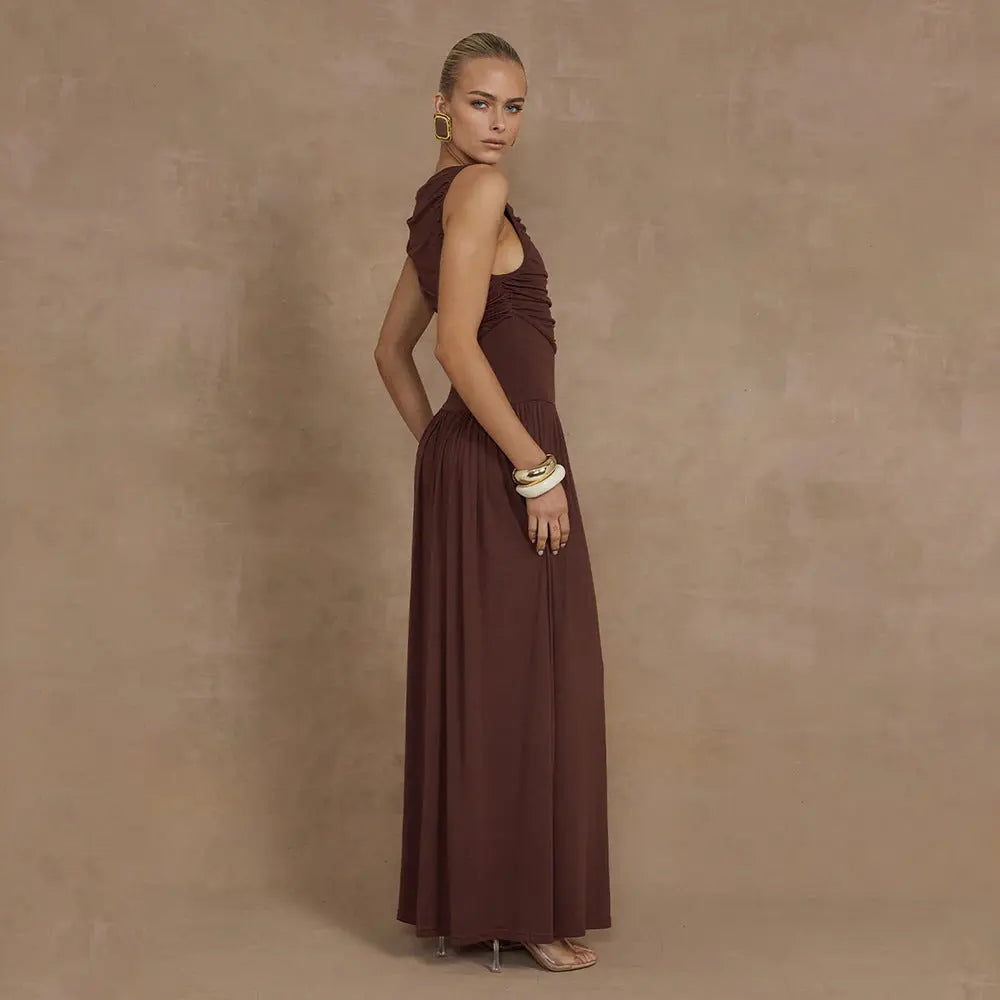 Sexy Sleeveless Pleated Slim Solid Color Dress Collumbiana