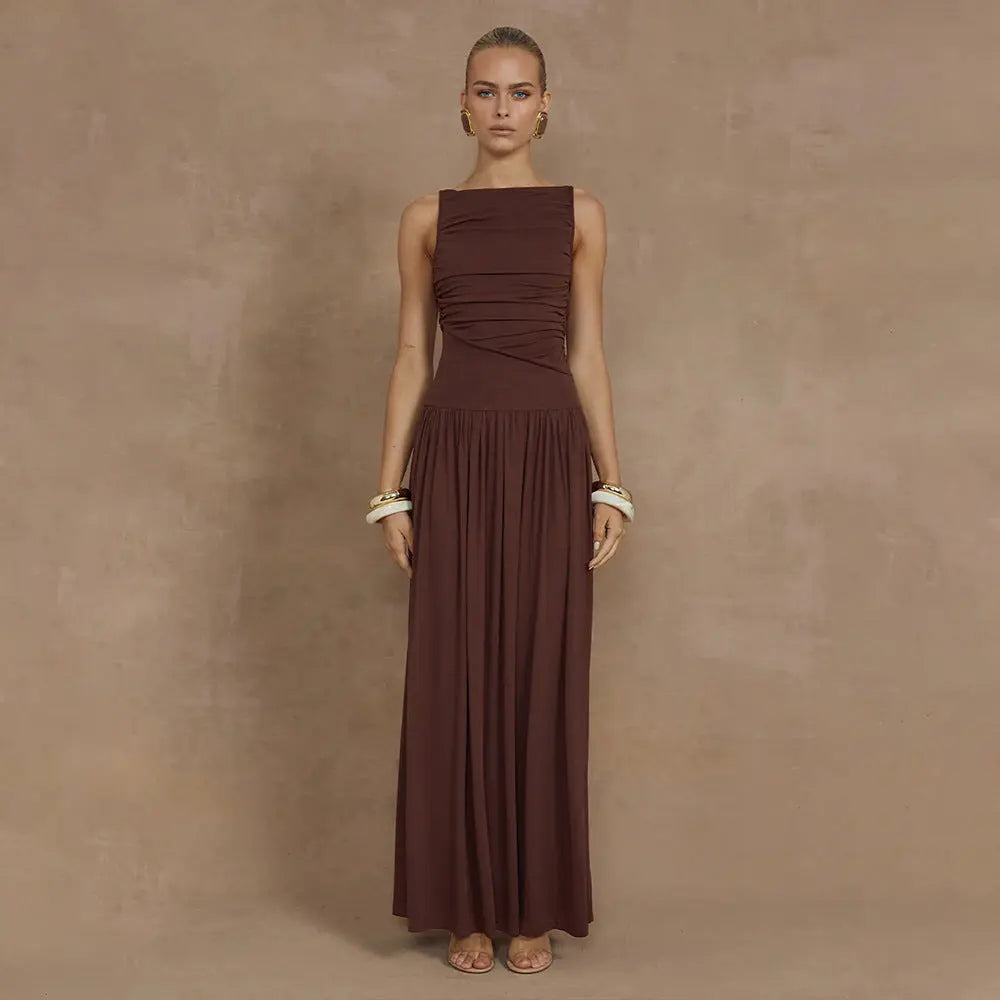 Sexy Sleeveless Pleated Slim Solid Color Dress Collumbiana