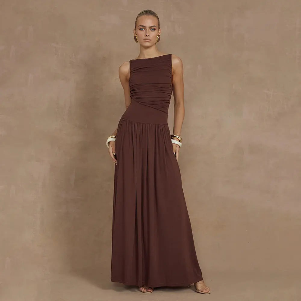 Sexy Sleeveless Pleated Slim Solid Color Dress Collumbiana