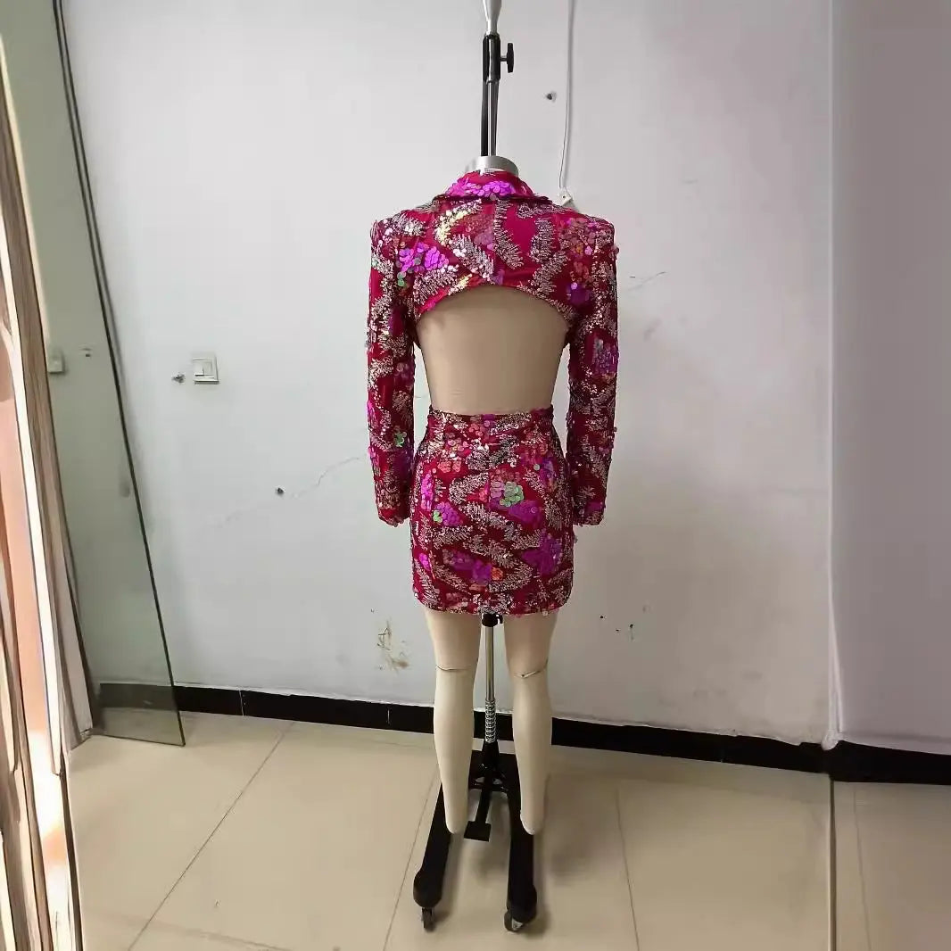 Sequined Backless Mid-length Suit Jacket Collumbiana