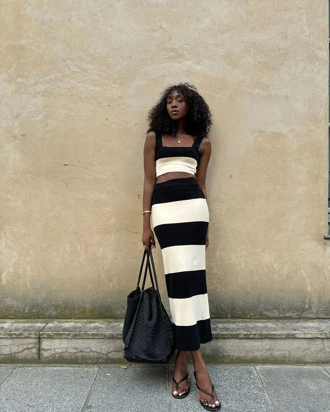 Knitted Striped Vest Sling Sweater Long Dress Suit Collumbiana