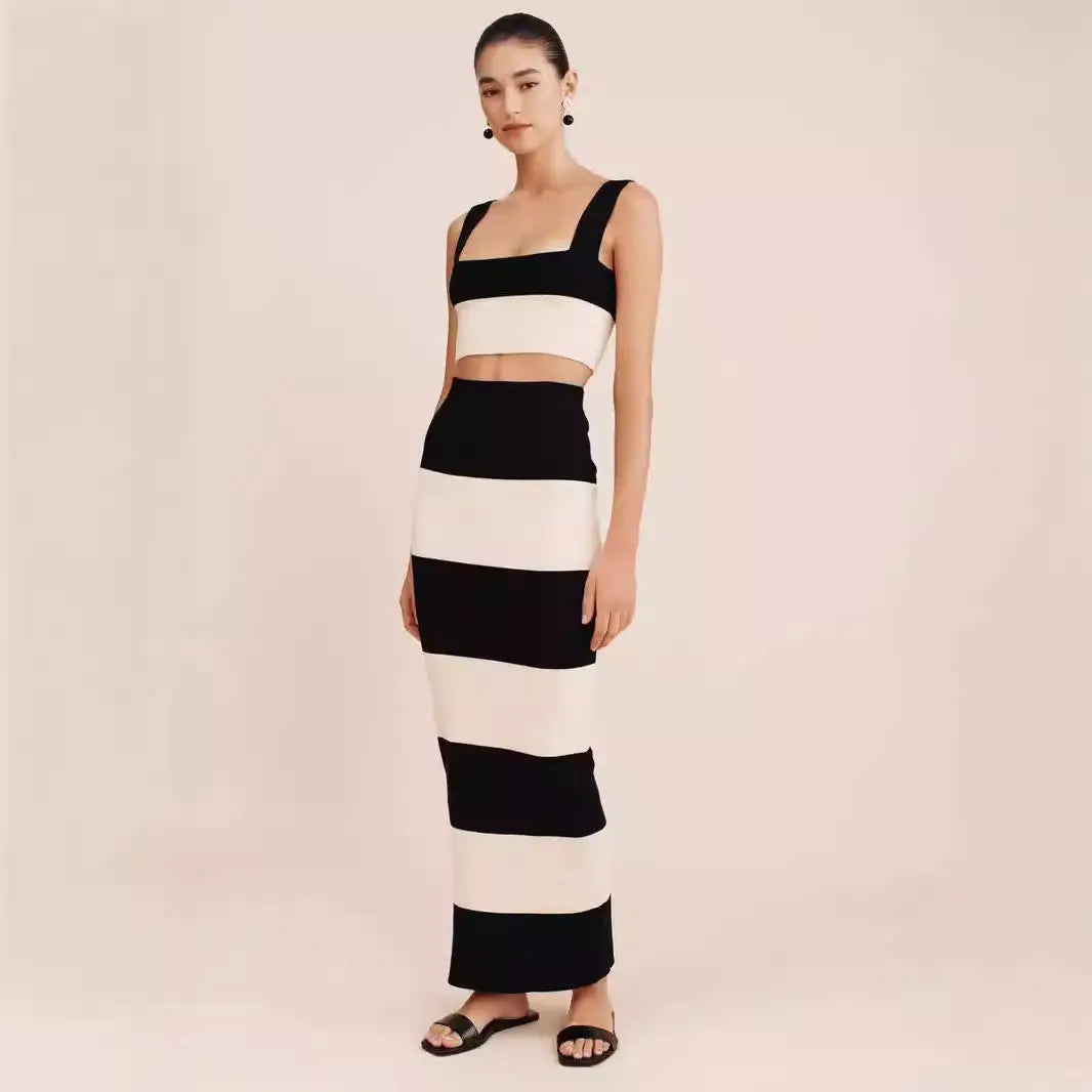 Knitted Striped Vest Sling Sweater Long Dress Suit Collumbiana