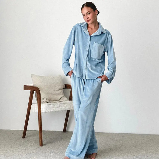 Solid Color Cardigan Long Sleeve Pants Pajamas Loose Comfortable Home Wear Collumbiana