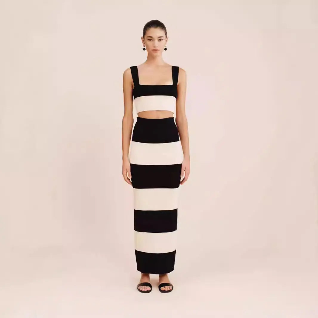 Knitted Striped Vest Sling Sweater Long Dress Suit Collumbiana