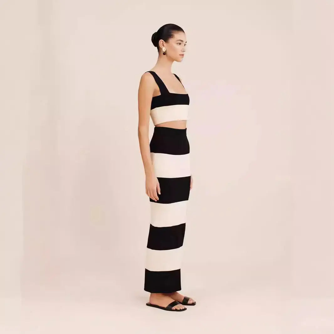 Knitted Striped Vest Sling Sweater Long Dress Suit Collumbiana