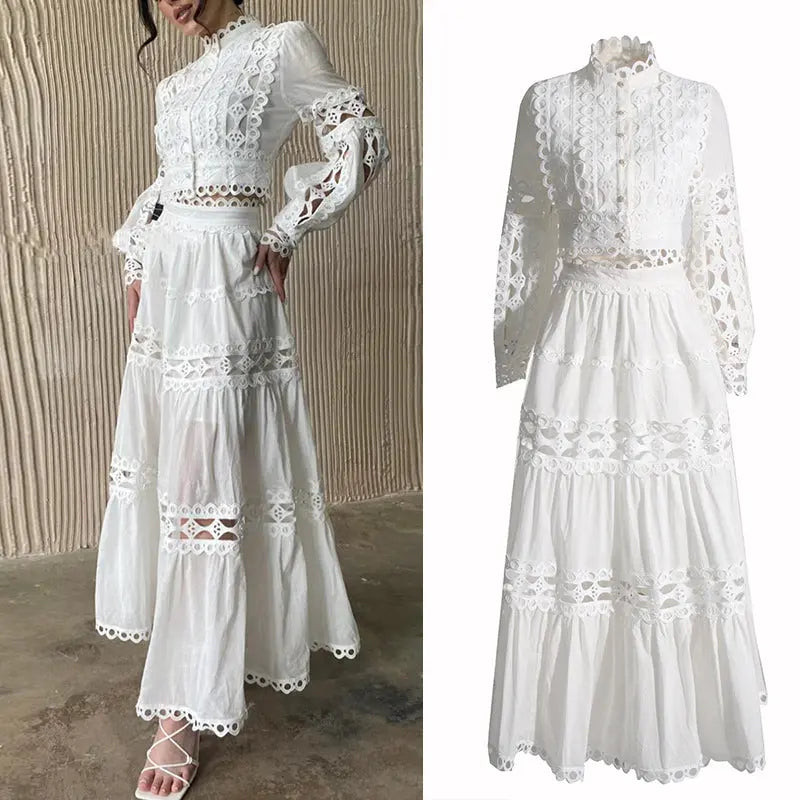 Lace Collar Long Sleeve Midriff Outfit Shirt High Waist Skirt Solid Color Two-piece Set Collumbiana