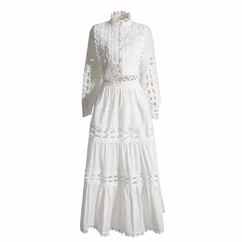 Lace Collar Long Sleeve Midriff Outfit Shirt High Waist Skirt Solid Color Two-piece Set Collumbiana