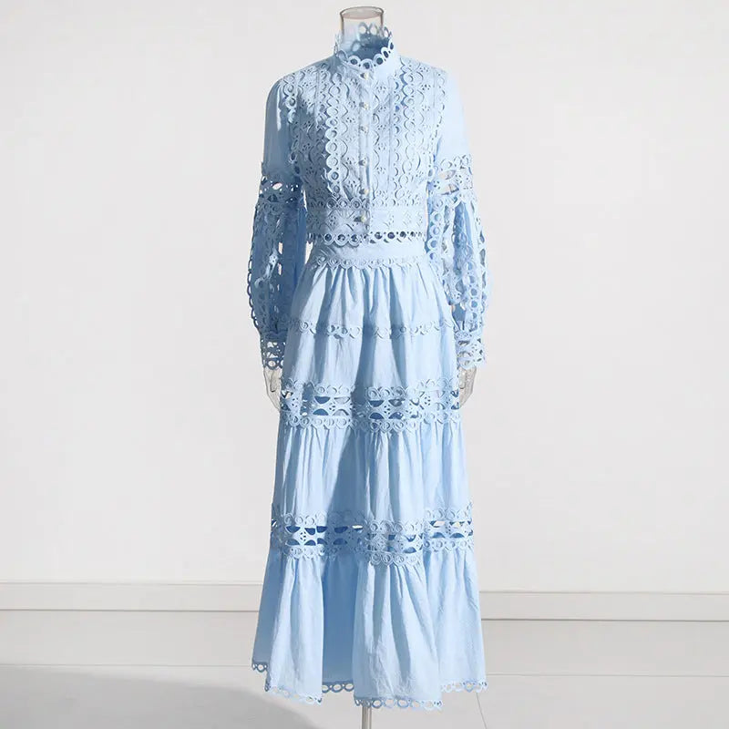 Lace Collar Long Sleeve Midriff Outfit Shirt High Waist Skirt Solid Color Two-piece Set Collumbiana