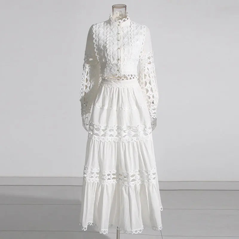 Lace Collar Long Sleeve Midriff Outfit Shirt High Waist Skirt Solid Color Two-piece Set Collumbiana