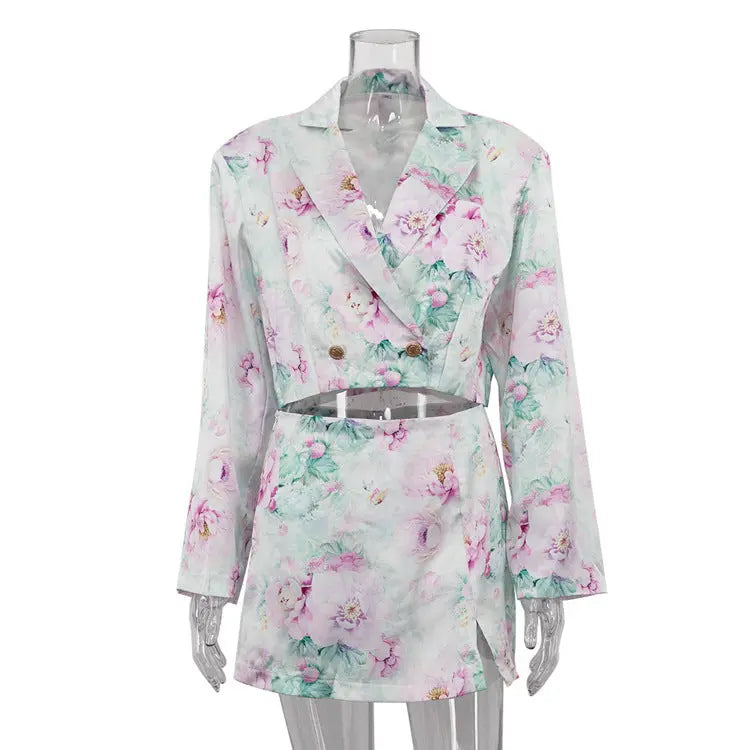 Fashion Loose-fitting Long Sleeves Polo Collar Top Skirt Outfit Collumbiana
