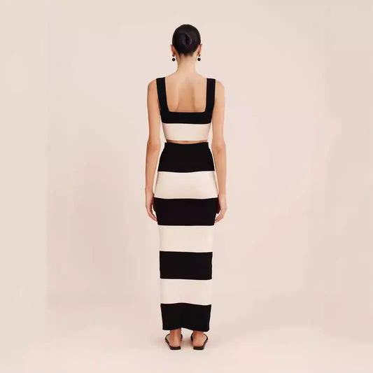 Knitted Striped Vest Sling Sweater Long Dress Suit Collumbiana