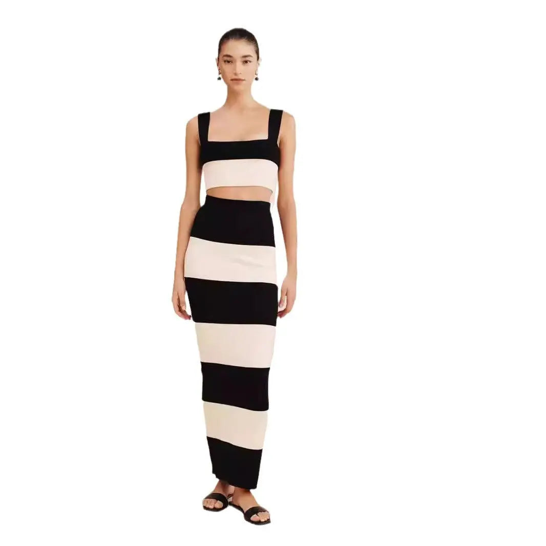 Knitted Striped Vest Sling Sweater Long Dress Suit Collumbiana