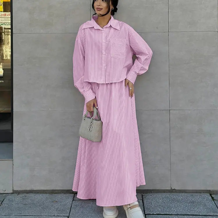 Commuter Striped Long Sleeve Lapel Top Shirt Loose Lace-up Large Swing Skirt Two-piece Set Collumbiana