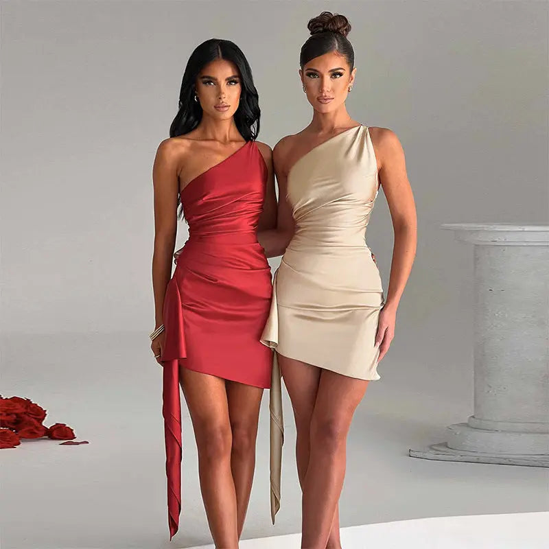 One-shoulder Sleeveless Mini Dress Sexy Slim Backless Skirt Party Wedding Dresses Womens Clothing Collumbiana
