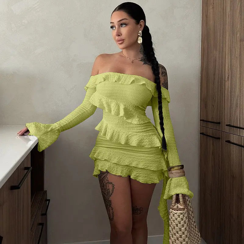 Fashion Tube Top Off Shoulder Ruffled Flare Sleeve Dress Collumbiana