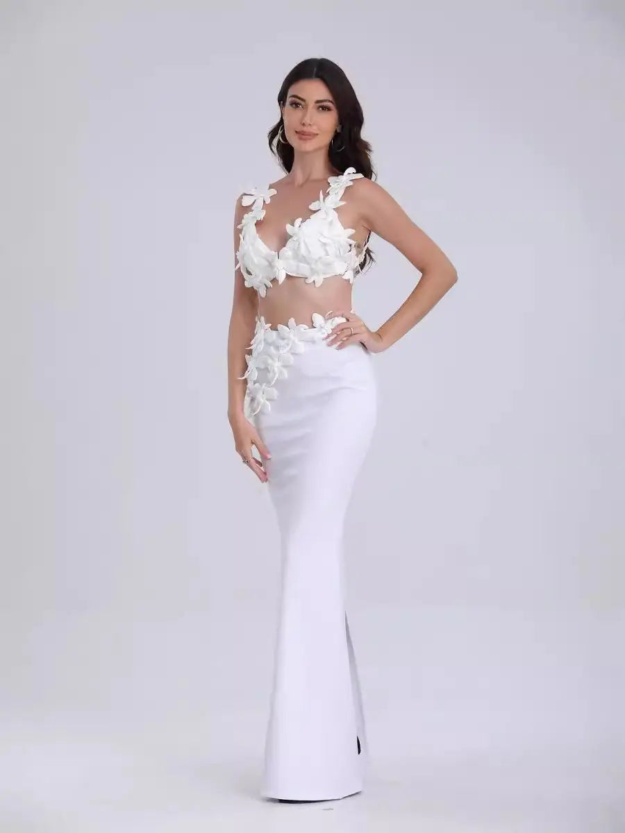 Three-dimensional Flower Camisole Back Slit Dress Two-piece Set Collumbiana