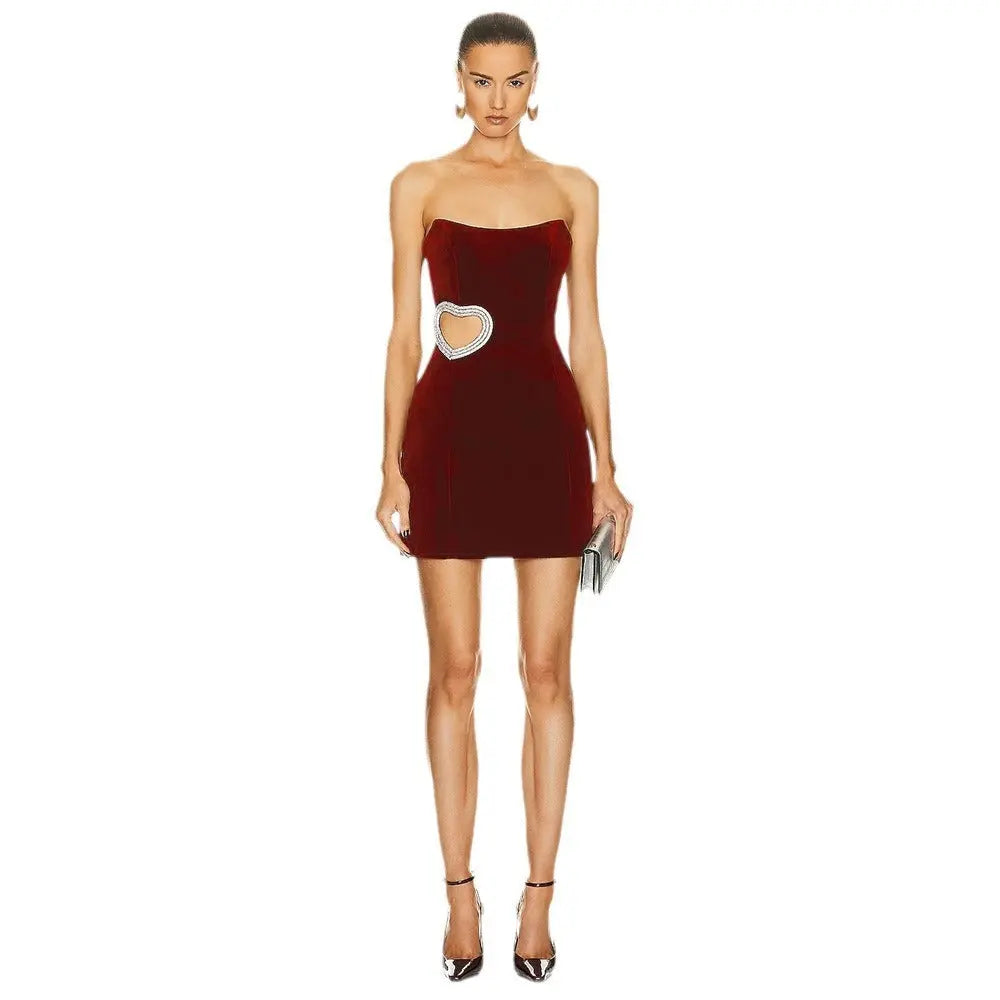 Women's Wine Red Hollowed Heart Shape Diamond Tube Top Dress Collumbiana