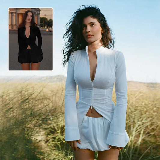 Slim Suits V-neck ZIpper Long-sleeved Top And Mini Skirt Ins Fashion Two-piece Set Women Clothing Collumbiana