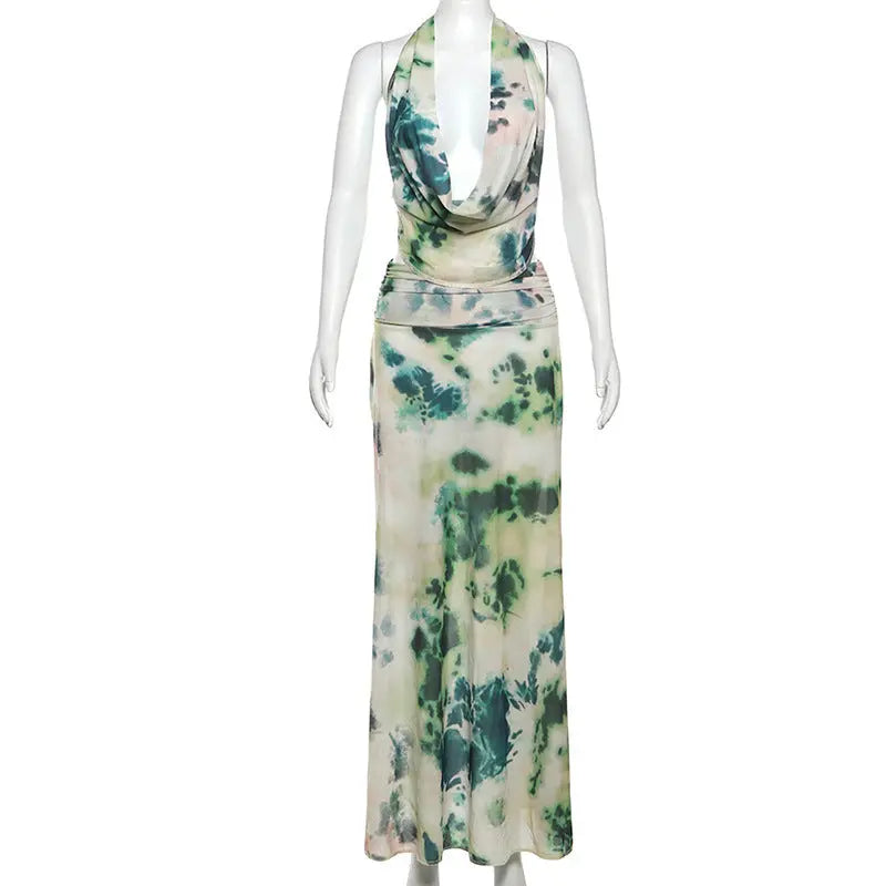2pcs Tie Dye Printing Deep V-neck Suits Fashion Halter Backless Long Dresses For Beach Party Womens Clothing Collumbiana