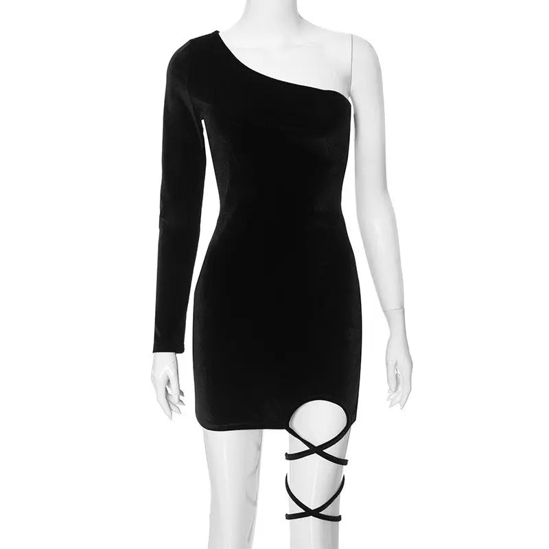 Women's Oblique Shoulder Solid Color Hip Skirt High Waist Single Sleeve Slim Fit Bandage Dress Collumbiana