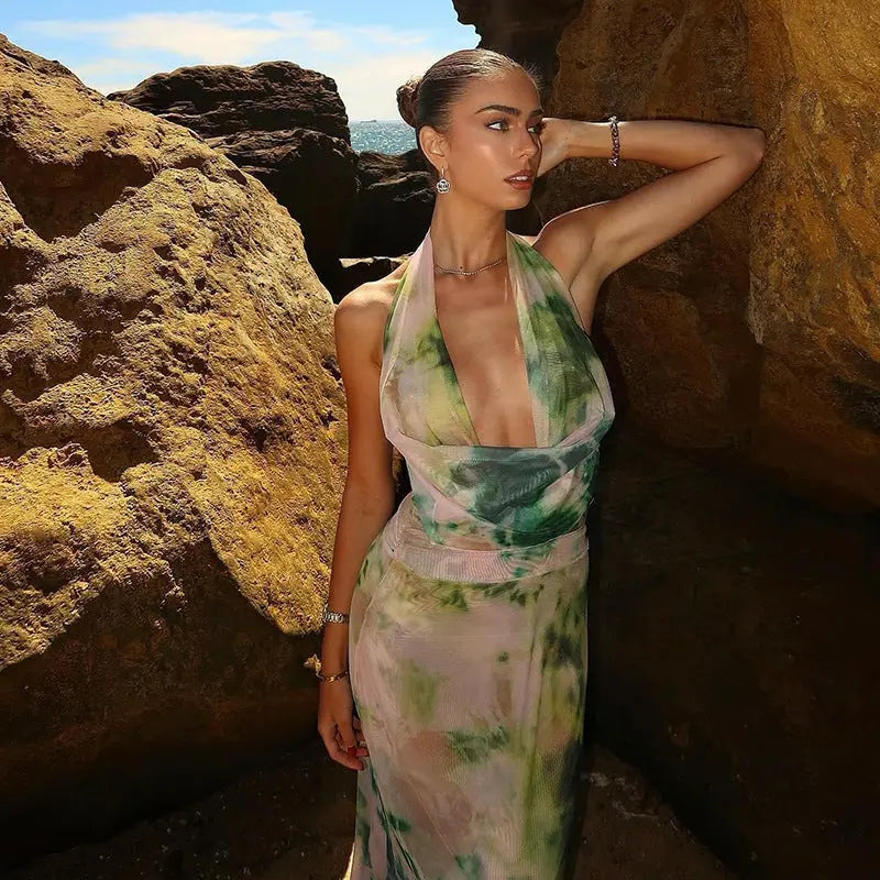 2pcs Tie Dye Printing Deep V-neck Suits Fashion Halter Backless Long Dresses For Beach Party Womens Clothing Collumbiana