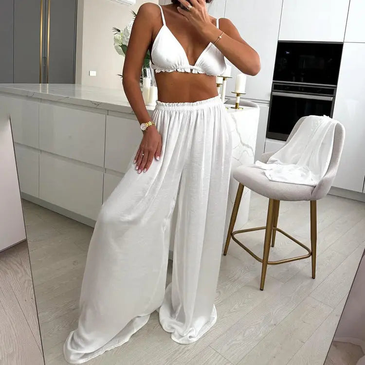 Ruffled Spaghetti Straps Vest Long Sleeve Cardigan Top Loose Wide Leg Pants Three-piece Set Collumbiana