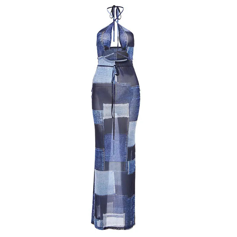 Summer Women's Clothing New Backless Lace Up Mesh Floral Print Long Dress Collumbiana