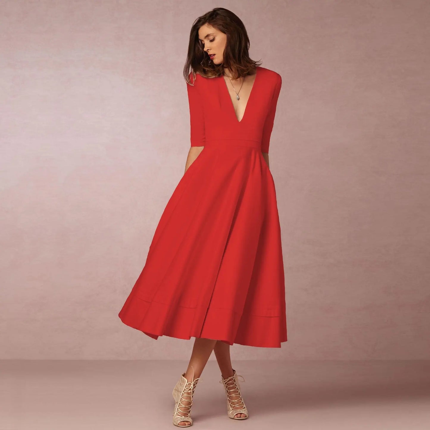 Women's Clothing Evening Dress Sexy Deep V Mid-sleeve Large Swing Dress Collumbiana