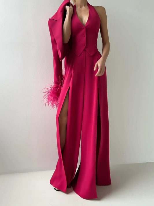 Rose  Cuffs Furry Cropped Jacket Vest Slit Pants Three-piece Set Collumbiana