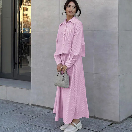 Commuter Striped Long Sleeve Lapel Top Shirt Loose Lace-up Large Swing Skirt Two-piece Set Collumbiana