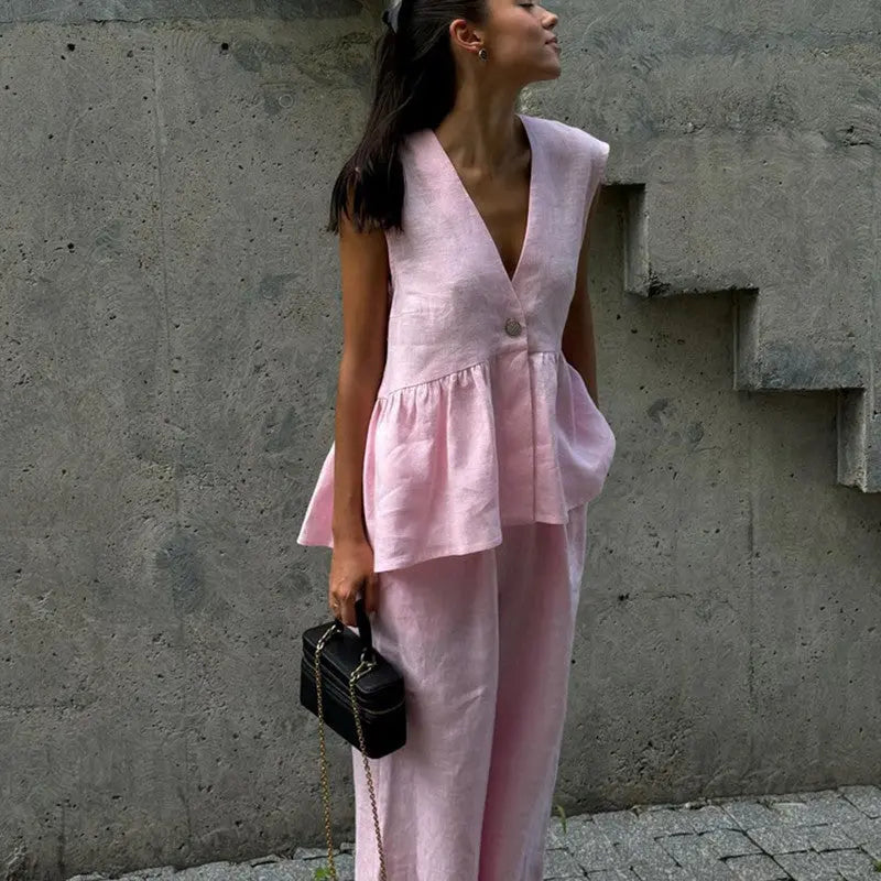 V-neck Sleeveless Top Vest Trousers Suit Women Collumbiana