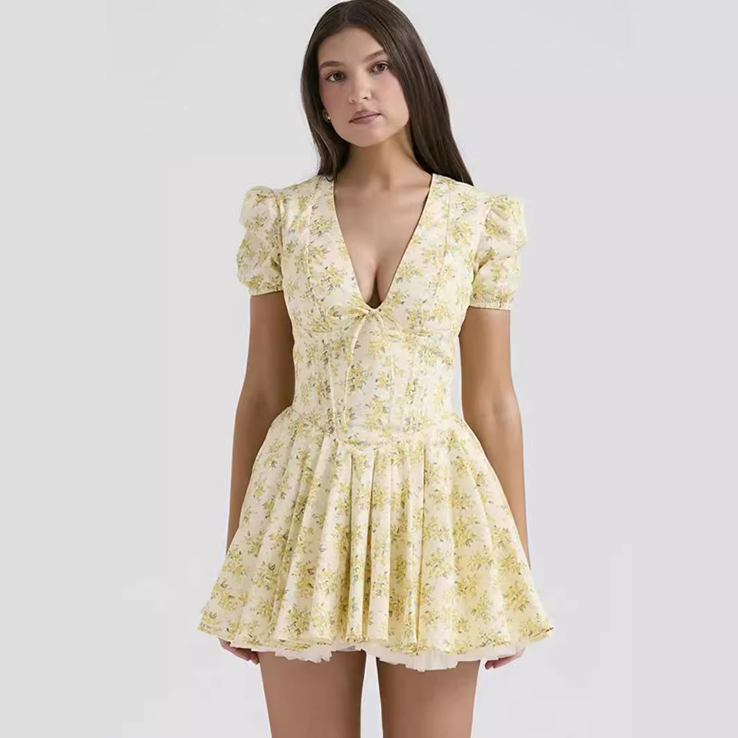 Collumbiana Dresses Chic Blossoms: V-Neck Puff Sleeve Yellow Floral Dress