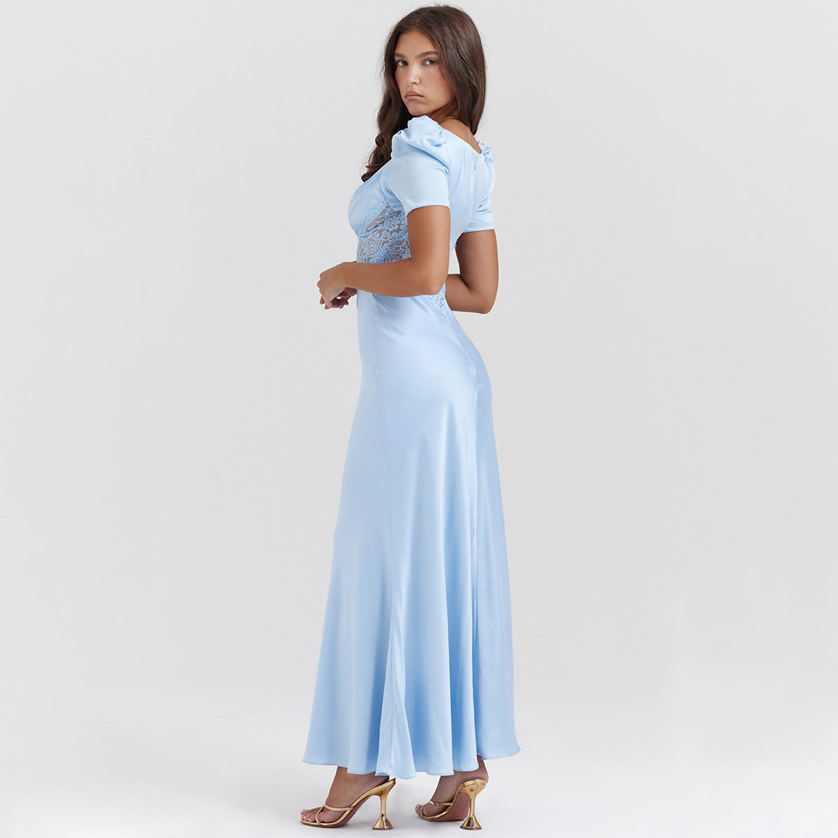 Collumbiana Dresses Dopamine Elegance: Deep V Lace Stitch Midriff Long Dress