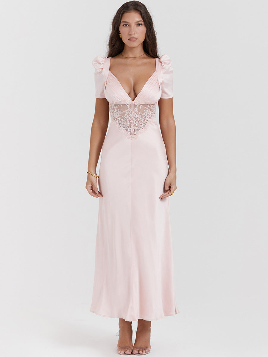 Collumbiana Dresses Pink / L Dopamine Elegance: Deep V Lace Stitch Midriff Long Dress