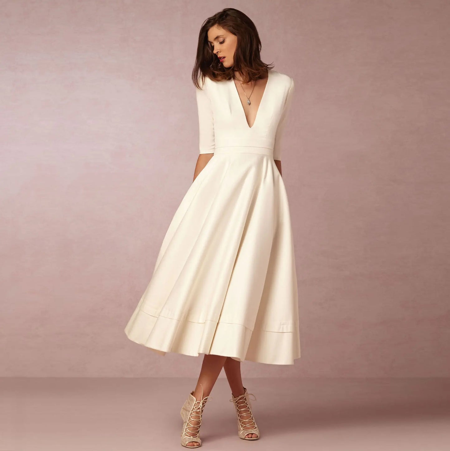 Women's Clothing Evening Dress Sexy Deep V Mid-sleeve Large Swing Dress Collumbiana