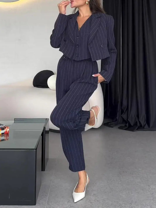 Striped Vest & Short Blazer & High-waisted Pants Three-piece Set Collumbiana