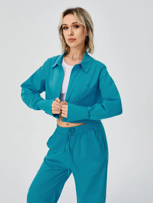 Women Two Piece Outfits For Women Long Sleeve Button Down Wide Leg Loungewear Pajama Set Collumbiana