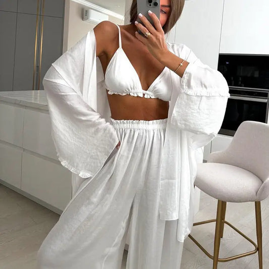 Ruffled Spaghetti Straps Vest Long Sleeve Cardigan Top Loose Wide Leg Pants Three-piece Set Collumbiana
