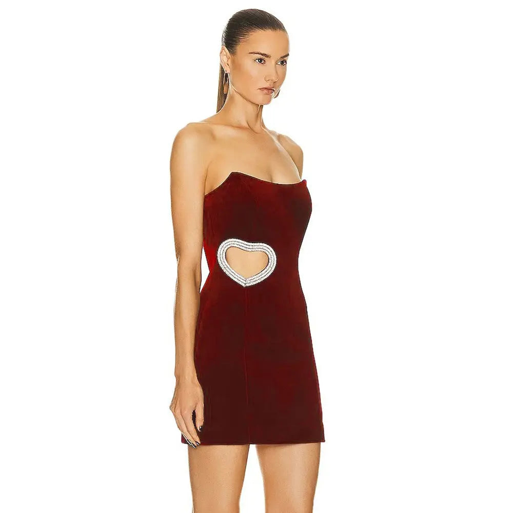 Women's Wine Red Hollowed Heart Shape Diamond Tube Top Dress Collumbiana