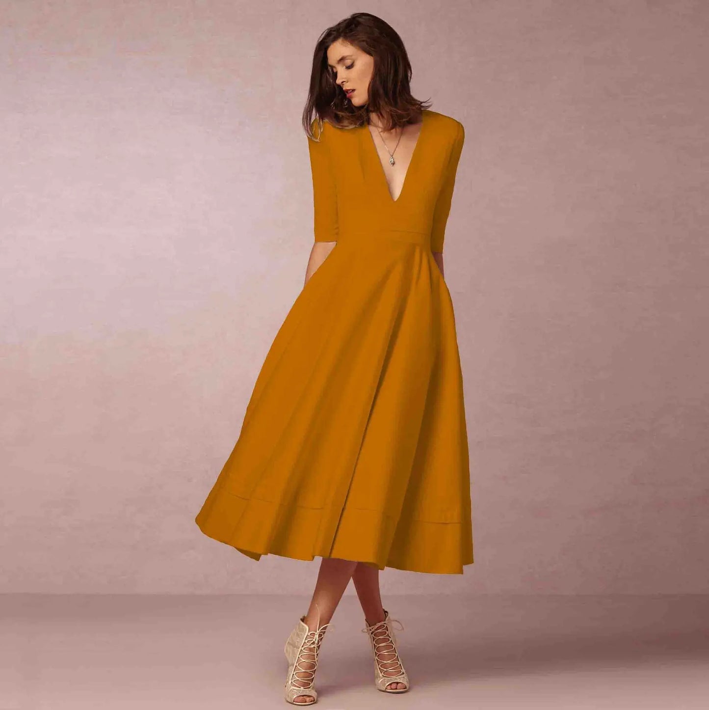 Women's Clothing Evening Dress Sexy Deep V Mid-sleeve Large Swing Dress Collumbiana