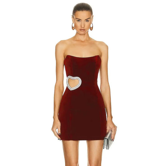 Women's Wine Red Hollowed Heart Shape Diamond Tube Top Dress Collumbiana